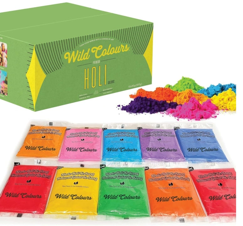 Wild Colours Premium Holi Colours - 10x50g (500g) - Non-Toxic & Skin Friendly