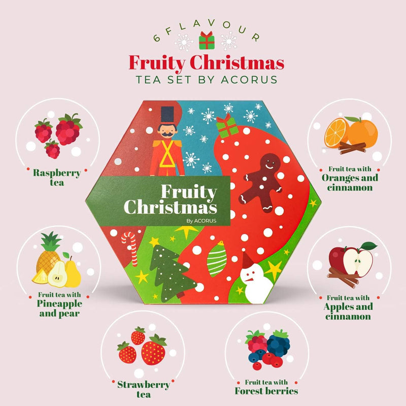 Acorus Fruity Christmas Tea Set, Natural Tea Gift Set Christmas, 60 Fruit Tea Bags Individually Wrapped, Large Fruit Tea Selection Box, 6 Flavors in Beautiful Xmas Tea Box, Tea Gifts for Tea Lovers