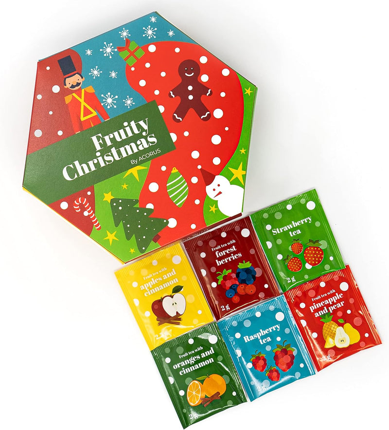 Acorus Fruity Christmas Tea Set, Natural Tea Gift Set Christmas, 60 Fruit Tea Bags Individually Wrapped, Large Fruit Tea Selection Box, 6 Flavors in Beautiful Xmas Tea Box, Tea Gifts for Tea Lovers