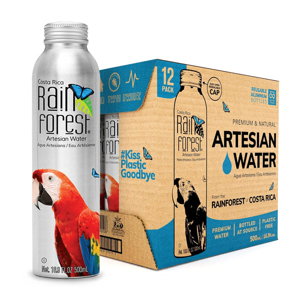 RainForest Artesian Water from Costa Rica. Aluminium Reusable Bottle 500mL (Pack of 12)