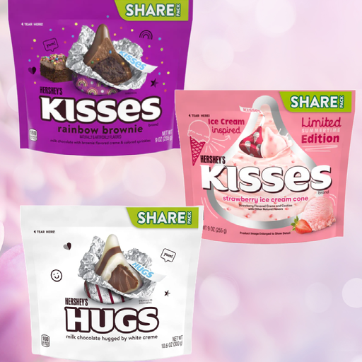 Hershey's Kisses Share Pack Bundle | Rainbow Brownie 255g | Strawberry Ice cream cone 255g | Hugs Milk chocolate 300g