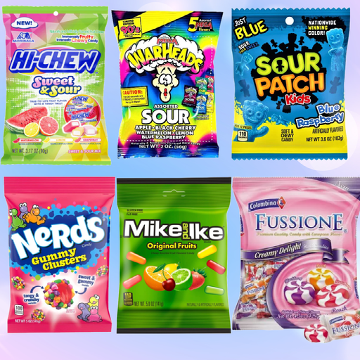 Assorted Candy Bags Bundle  Hi chew sweet & sour | Warheads Assorted sour | sour patch kids blue raspberry | Nerds gummy cluster | Mike & Ike original Fruits | Columbina Fussione