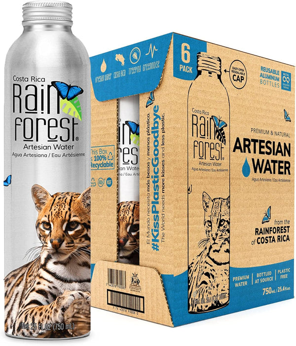 RainForest Artesian Water from Costa Rica. Aluminium Reusable Bottle 750mL (Pack of 6)