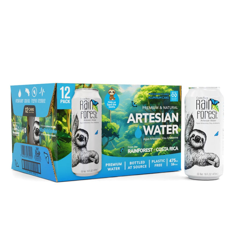 RainForest Premium & Natural Artesian Spring Water from Costa Rica, Aluminium Cans 475mL (Pack of 12)