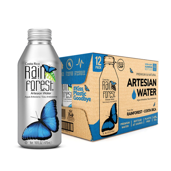 RainForest Premium & Natural Artesian Spring Water from Costa Rica, Aluminium Bottle Cans 475mL (Pack of 12)