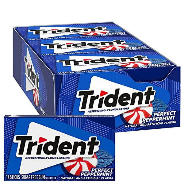 Trident Peppermint Sugar Free Gum (12 Pack-  Packs of 14 Pieces - 168 Total Pieces)Best Before Date 11/02/2025)