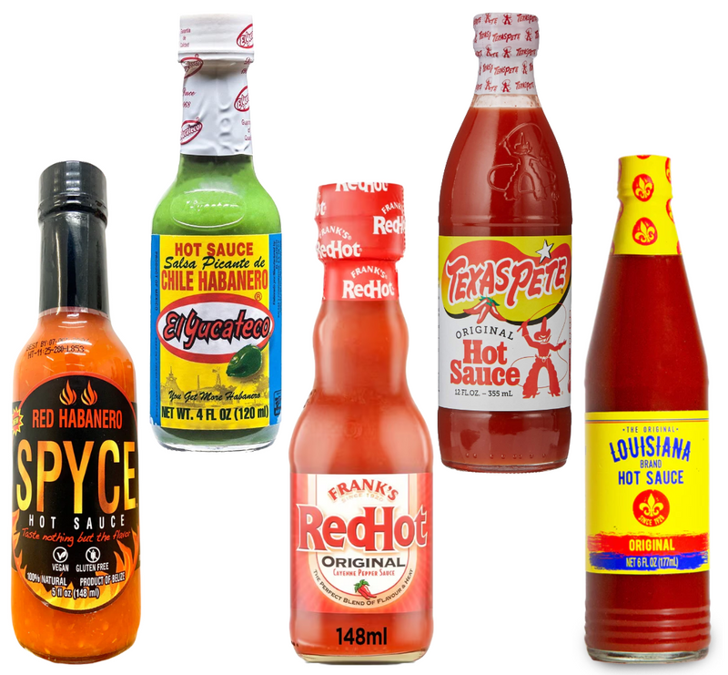 5 American Hot Sauce Bundle | Spyce Habanero 148ml | RedHot 148ml | El Yucateco 120ml | Texas Pete 177ml | Louisiana 177ml